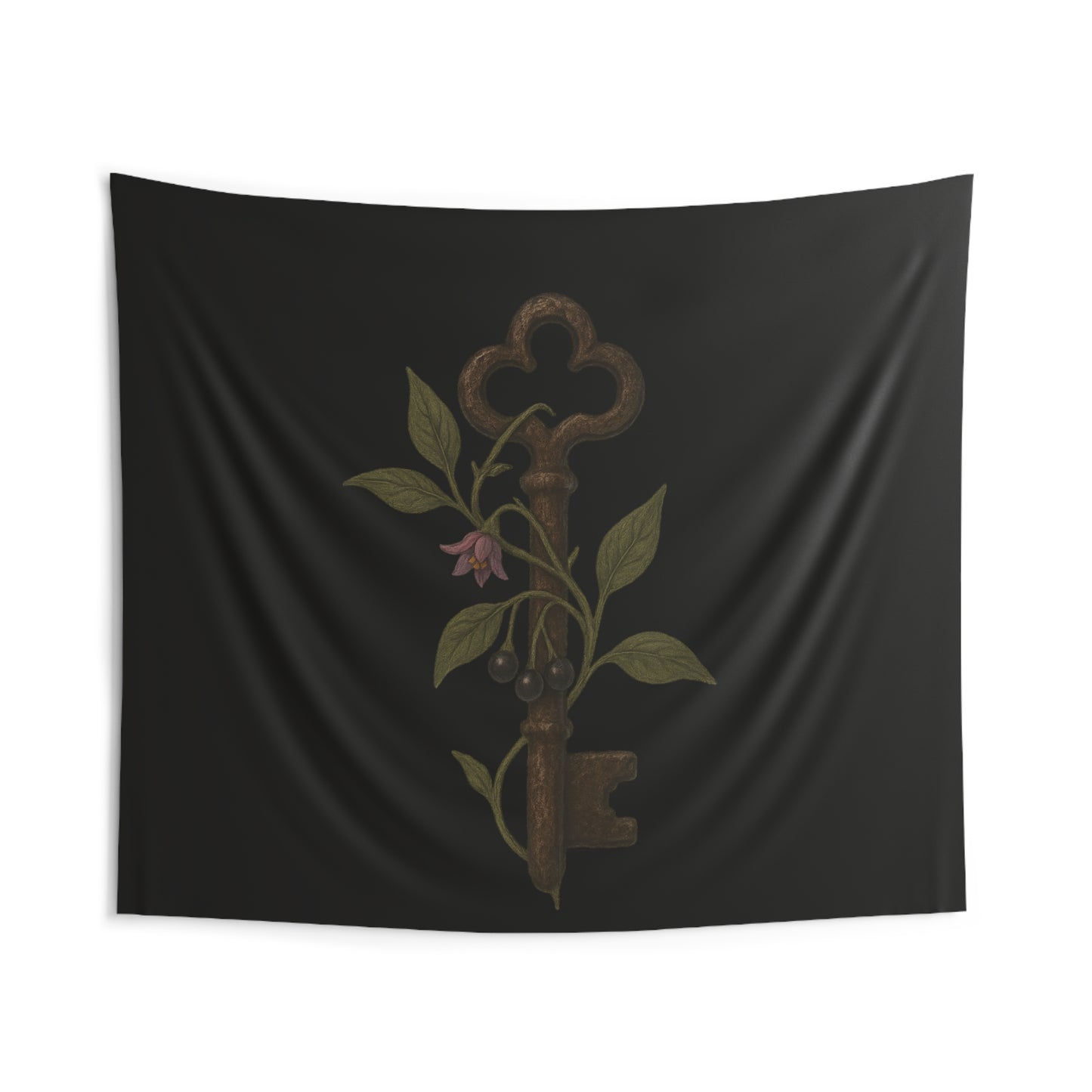 Antique Key & Nightshade Wall Tapestry — Gothic Botanical Decor