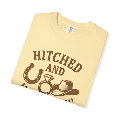 Country Bachelorette party T-shirt, Unisex Tee, Western Bridal Shower Shirt, Hitched and Hell-Raising Top, Southern Wedding Apparel