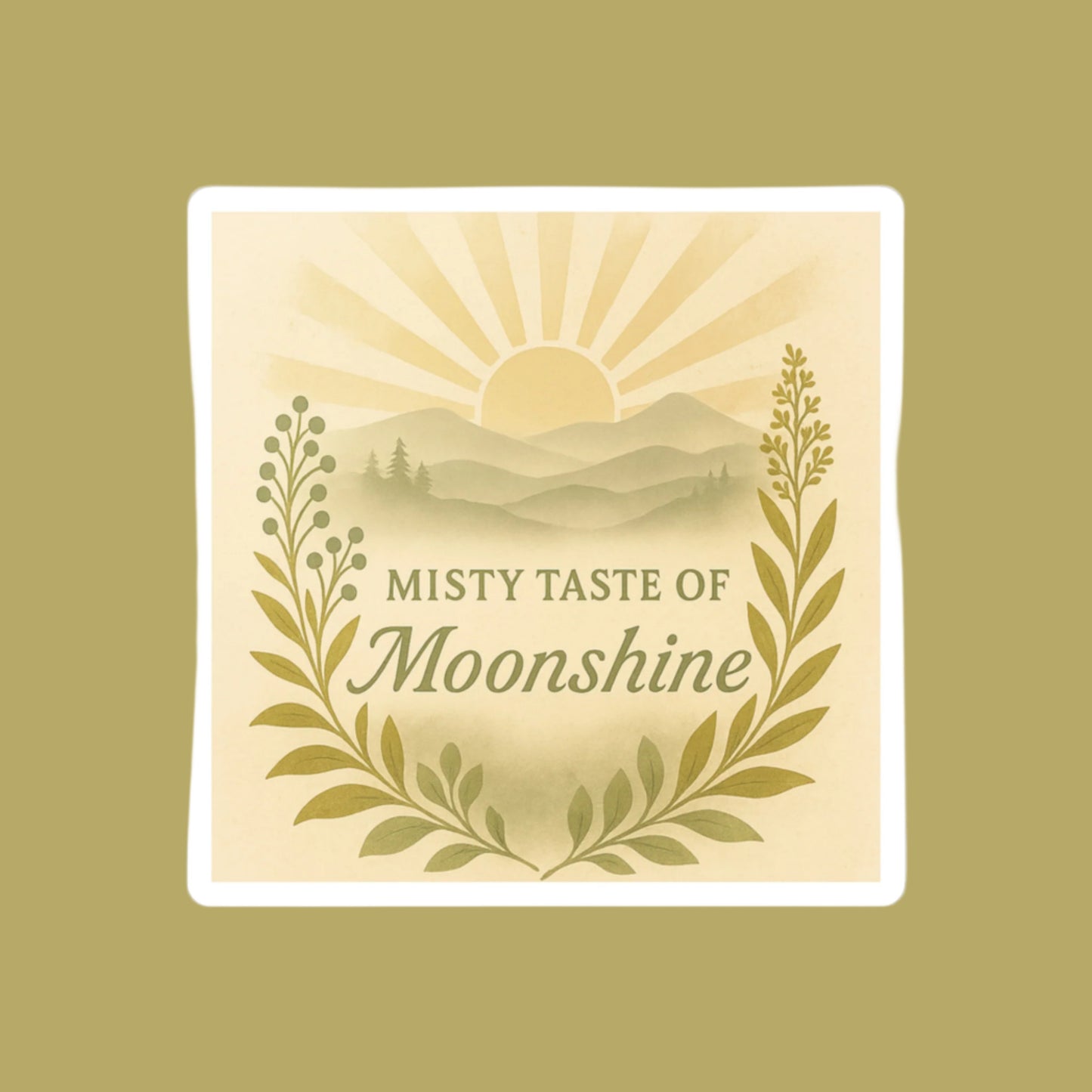 Mountain Sunrise Kiss-Cut Vinyl Decals, Misty Taste of Moonshine Sticker for Laptop, Water Bottle, Car, Sun and Mountains Decal, Nature