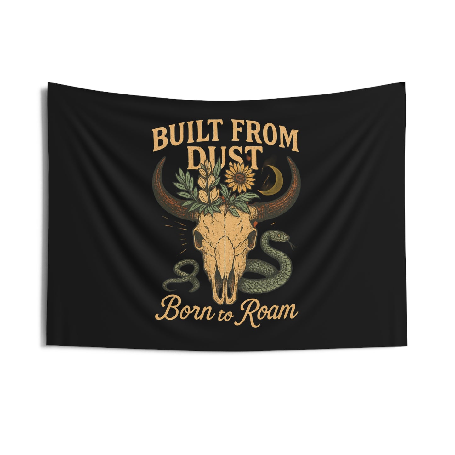 Cow Skull Sunflower Wall Tapestry — 'Born to Roam' Desert Snake Boho Decor