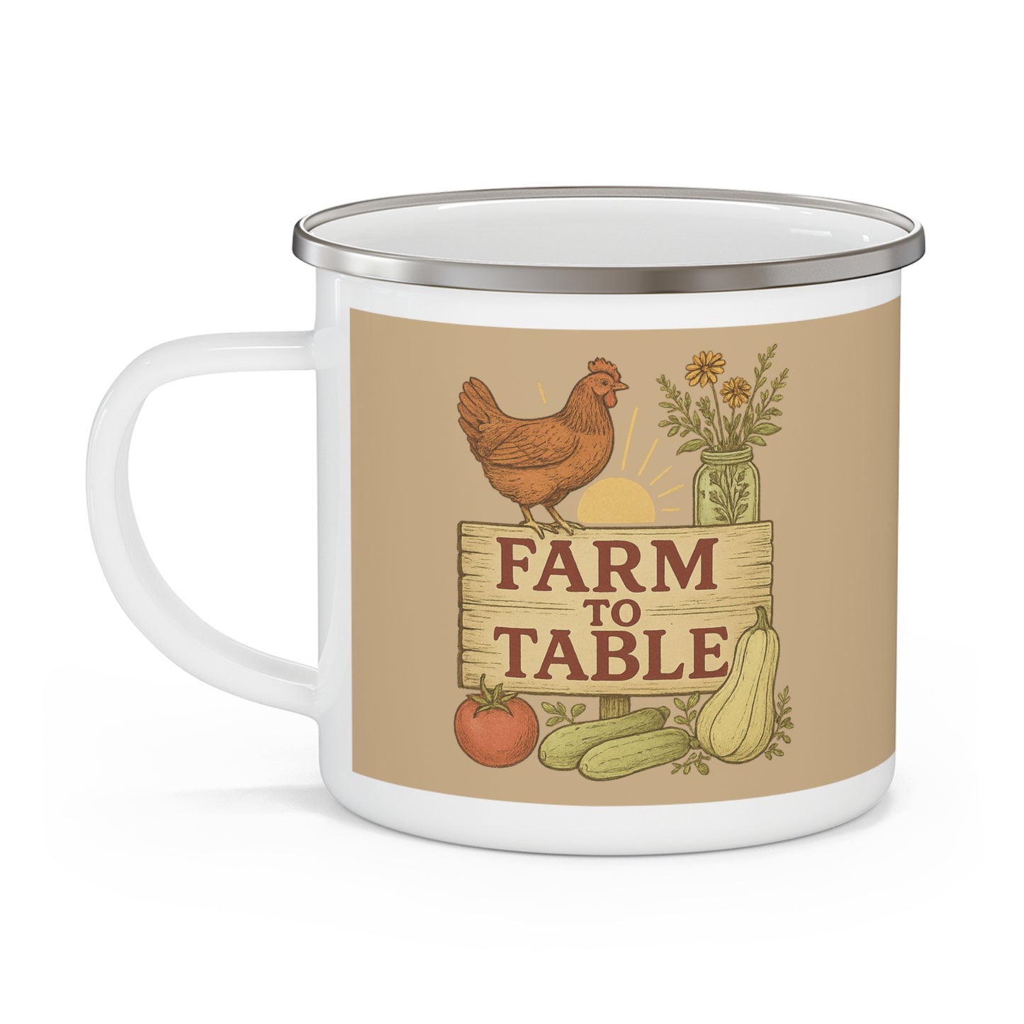 Farm to Table Enamel Camping Mug, Rustic Coffee Cup, Farmhouse Kitchen Decor, Gift for Nature Lovers, Outdoor Adventure Mug