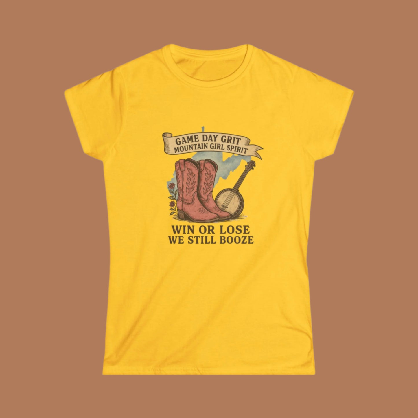 Game Day Grit T-Shirt , Mountain Girl Shirt with Boots & Banjo , Funny Country Concert Tee, Win or Lose We Still Booze, Tailgate Apparel
