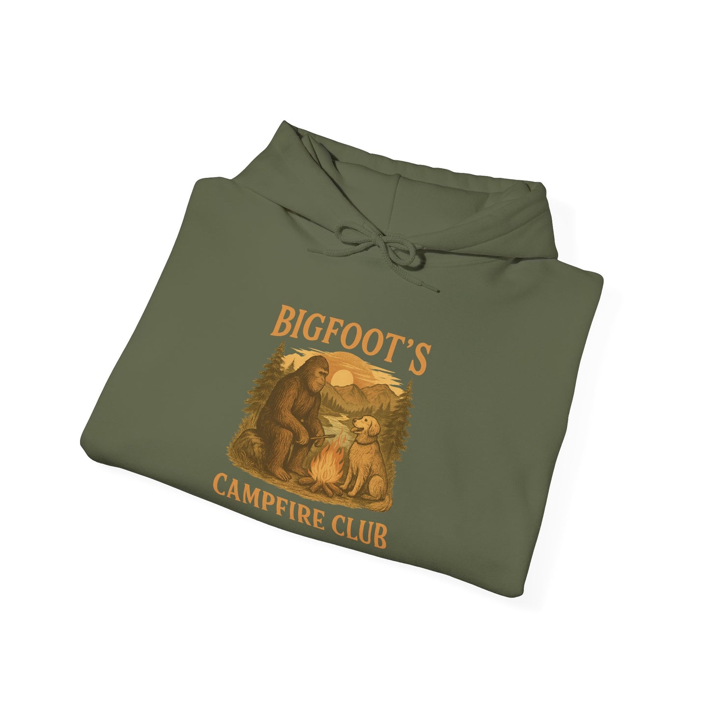 Bigfoot Campfire Club Hoodie, Mountains & Labrador, Unisex Pullover, Outdoor Camping Sweatshirt, Nature Lover Gift