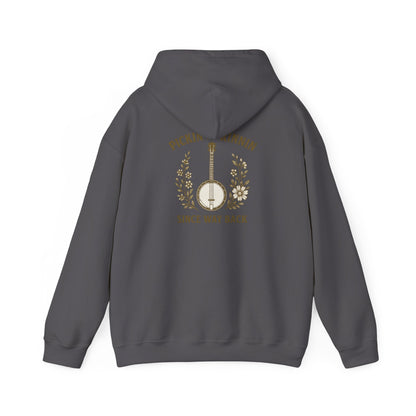 Vintage hoodie Sweatshirt with Pickin and Grinnin Banjo design on the back for bluegrass lovers
