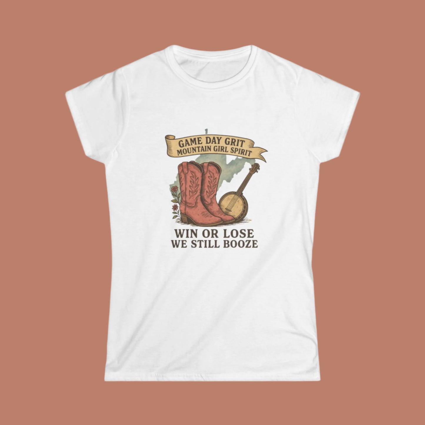 Game Day Grit T-Shirt , Mountain Girl Shirt with Boots & Banjo , Funny Country Concert Tee, Win or Lose We Still Booze, Tailgate Apparel