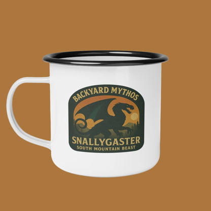 White mug with black rim featuring 'Backyard Myths' Snallygaster design on a white background