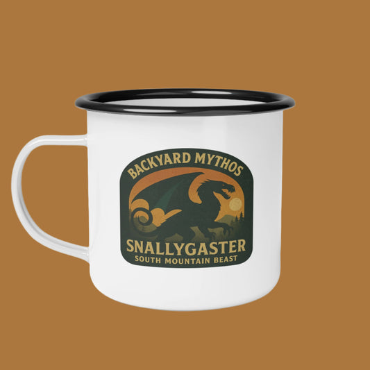 White mug with black rim featuring 'Backyard Myths' Snallygaster design on a white background