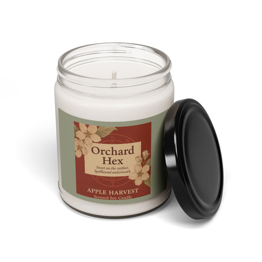 Scented Candle, Apple Harvest, Spellbound Soy Candle, 9oz - Sweet but spellbound, Deep red background with apple blossoms and a vintage