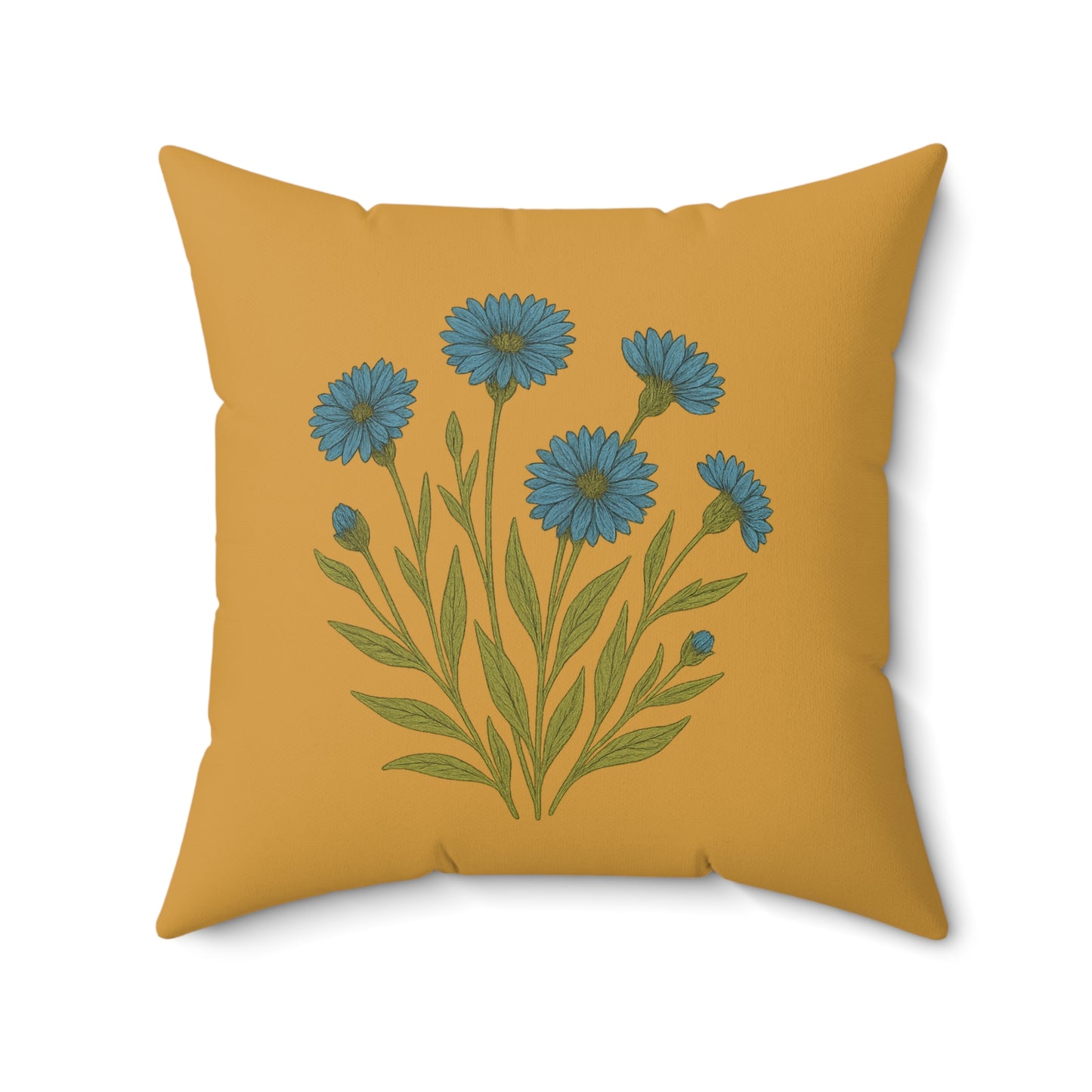Wildflower Golden yellow Square Pillow for Home Decor, Floral Accent Cushion, Throw Pillow Set, blue Flowers, Spun Polyester