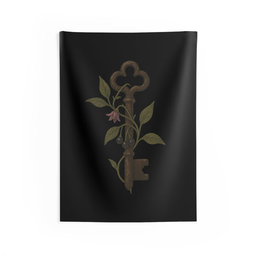 Antique Key & Nightshade Wall Tapestry — Gothic Botanical Decor