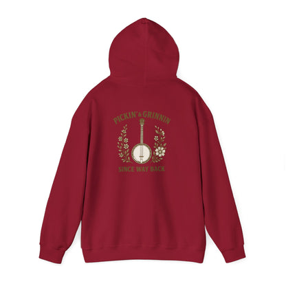 Vintage hoodie Sweatshirt with Pickin and Grinnin Banjo design on the back for bluegrass lovers
