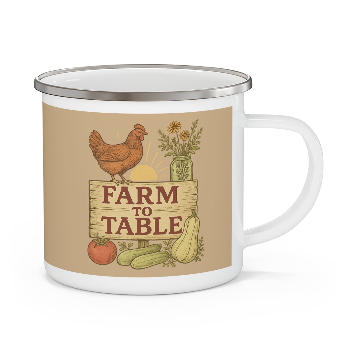 Farm to Table Enamel Camping Mug, Rustic Coffee Cup, Farmhouse Kitchen Decor, Gift for Nature Lovers, Outdoor Adventure Mug
