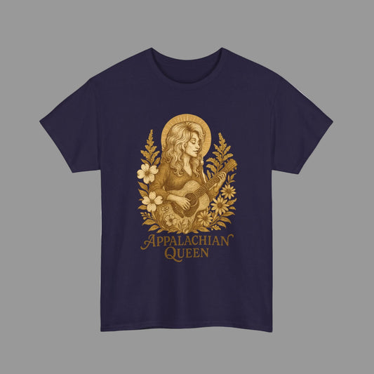 Navy blue t-shirt with gold graphic and 'Appalachian Queen' text on a white background