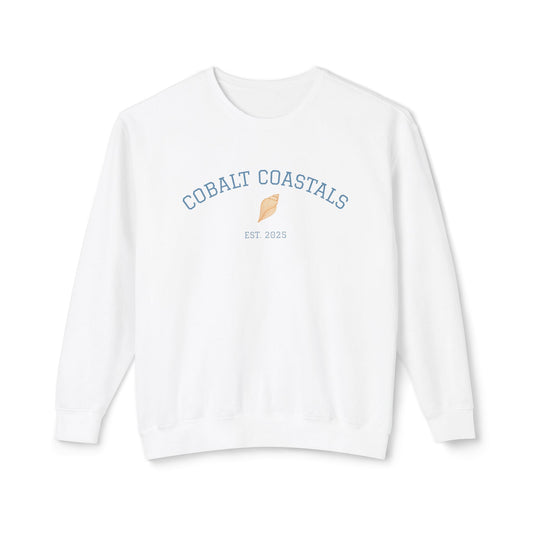 Crewneck Beach Sweatshirt - Cobalt Coastals University Seashell Design