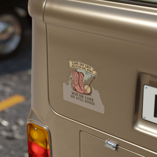 Die-Cut Outdoor Sticker, WV colleges Spirit Sticker for fans, Great for, Festivals, Tailgates, Win or Lose we still booze