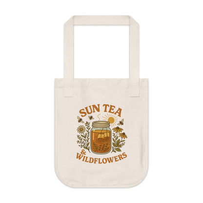 Sun Tea and Wildflowers Organic Canvas Tote Bag, Farmers Market Reusable Eco Friendly Bag, Nature Lover Gift, Sustainable Shopping Tote,