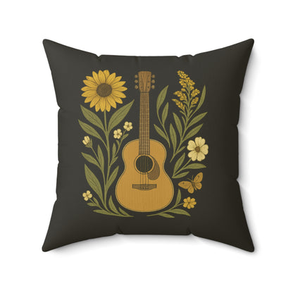 Folk Art Pillow, Guitar Butterfly Sunflower on Faded Black Background - Spun Polyester Square Pillow, Home Decor Accent, Unique Throw