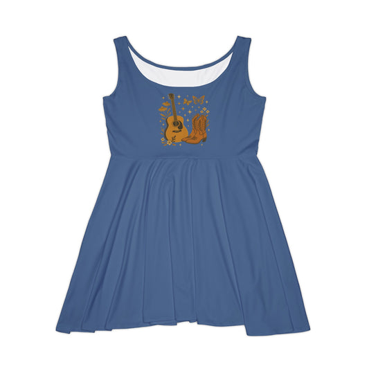 Women's Summer Country Dress with Guitar and Butterfly Design, Boho Chic Dress, Summer Outfit, Festival Wear, Casual Style