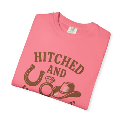 Country Bachelorette party T-shirt, Unisex Tee, Western Bridal Shower Shirt, Hitched and Hell-Raising Top, Southern Wedding Apparel