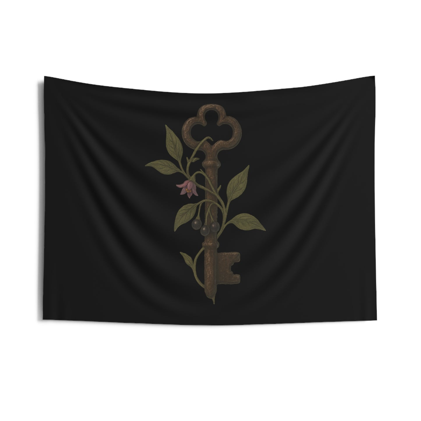Antique Key & Nightshade Wall Tapestry — Gothic Botanical Decor