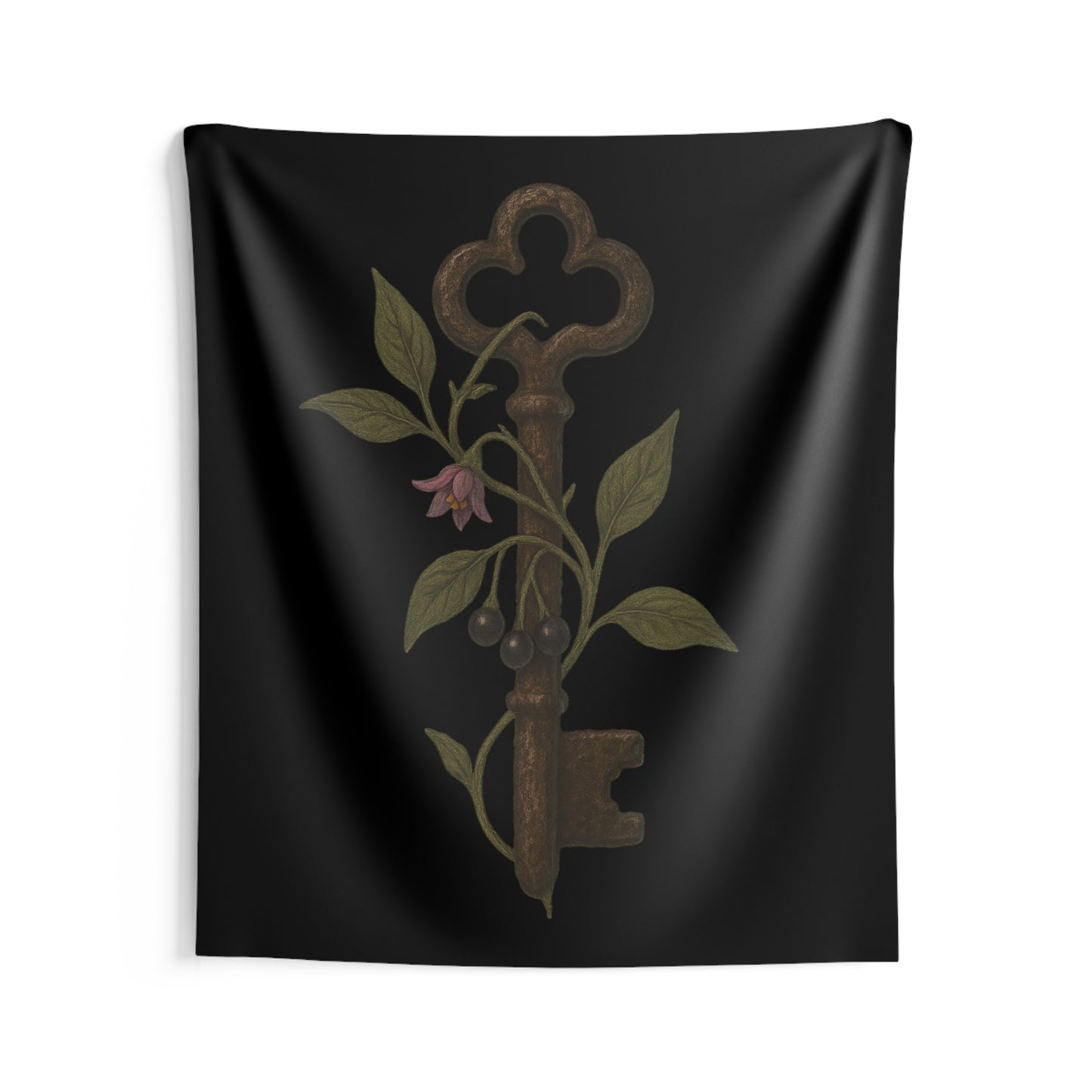 Antique Key & Nightshade Wall Tapestry — Gothic Botanical Decor