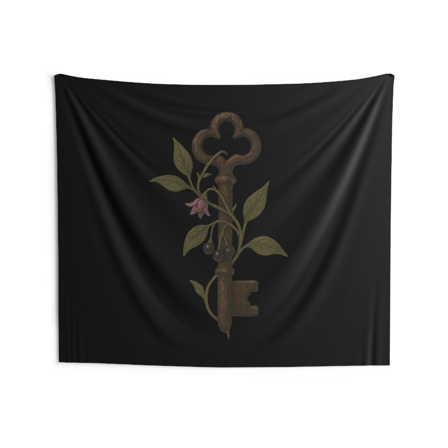 Antique Key & Nightshade Wall Tapestry — Gothic Botanical Decor