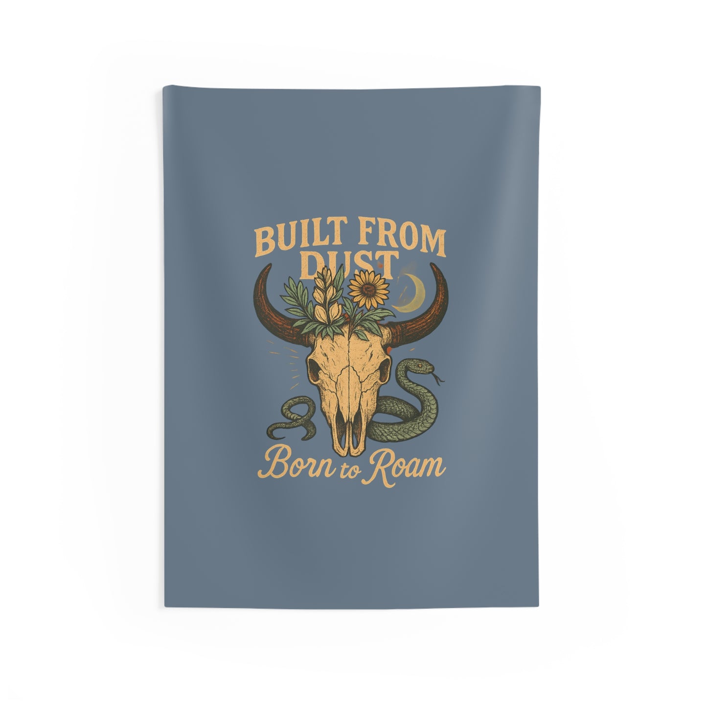 Cow Skull Sunflower Wall Tapestry — 'Born to Roam' Desert Snake Boho Decor