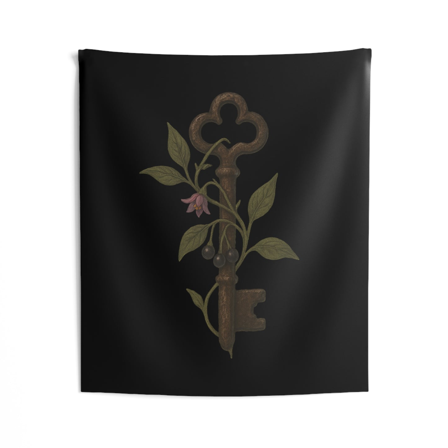 Antique Key & Nightshade Wall Tapestry — Gothic Botanical Decor