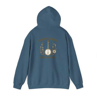 Vintage hoodie Sweatshirt with Pickin and Grinnin Banjo design on the back for bluegrass lovers
