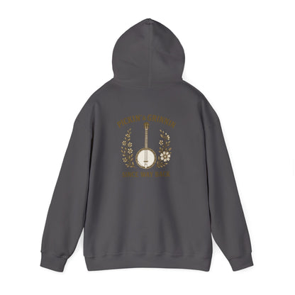Vintage hoodie Sweatshirt with Pickin and Grinnin Banjo design on the back for bluegrass lovers