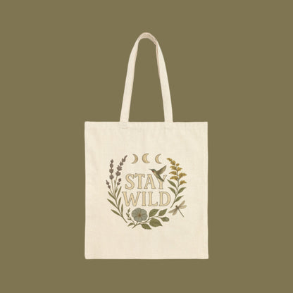 Stay Wild Floral Hummingbird Cotton Canvas Tote Bag - Eco-Friendly Reusable Shopping Bag, Boho Chic Beach Tote, Nature Lover Gift, Botanical