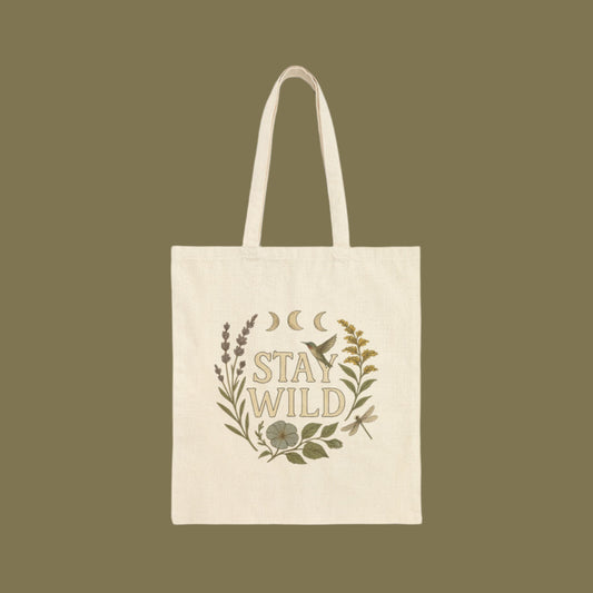 Stay Wild Floral Hummingbird Cotton Canvas Tote Bag - Eco-Friendly Reusable Shopping Bag, Boho Chic Beach Tote, Nature Lover Gift, Botanical