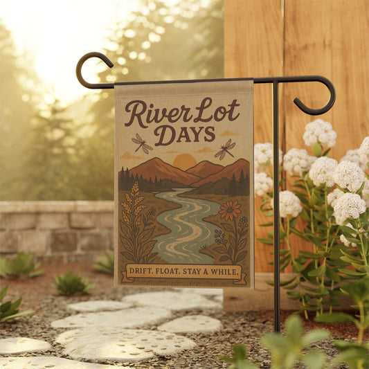 Outdoor Garden Flag - The River Lot Banner, Mountain Landscape Decor, Garden flag for the river with dragonflies
