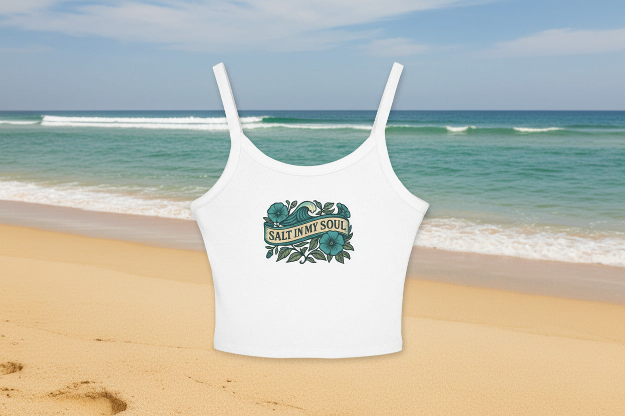 White tank top with 'Salt in My Soul' design on a white background