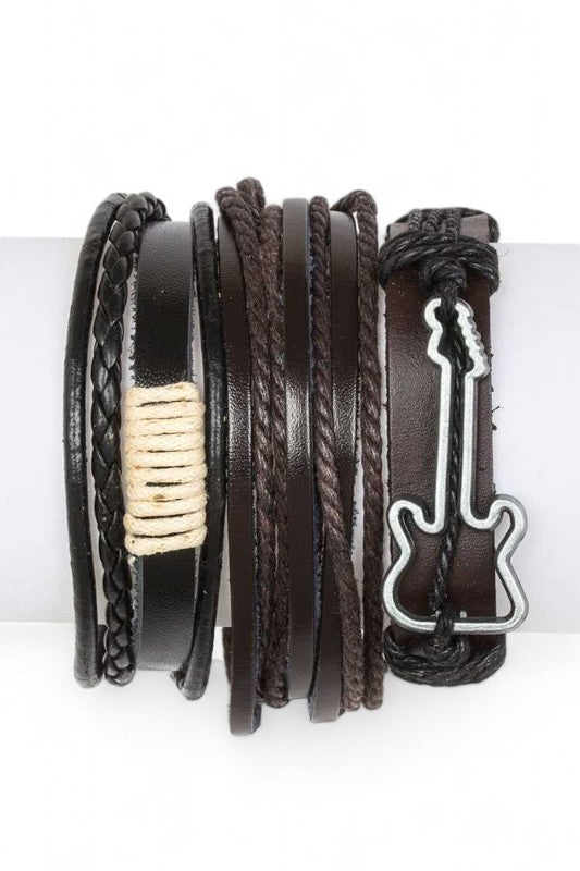 Guitar Charm Mix Leather Bracelet Set