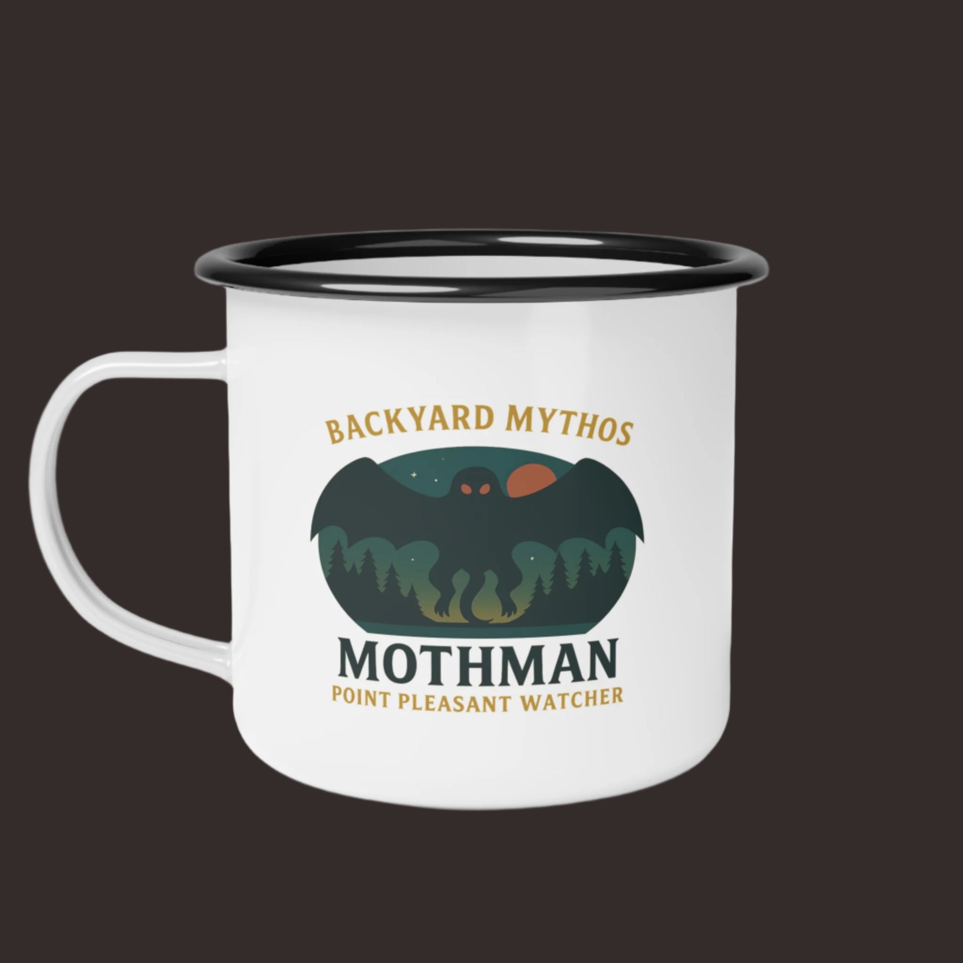 Mug with Mothman design and text on a white background