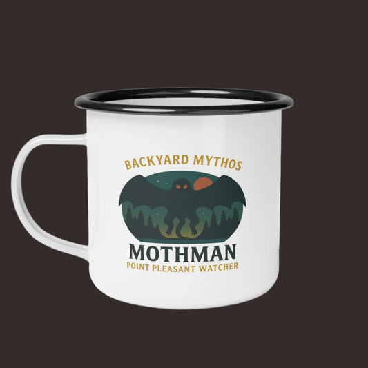 Mug with Mothman design and text on a white background