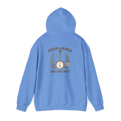 Vintage hoodie Sweatshirt with Pickin and Grinnin Banjo design on the back for bluegrass lovers