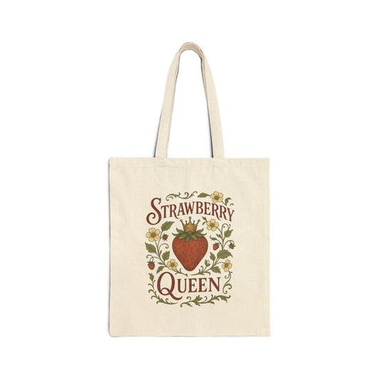 Strawberry Queen Cotton Canvas Tote Bag, Fruit Lover Reusable Farmers Market Purse, 100% Cotton Shopper, Grocery Bag, Beach Tote, Summer