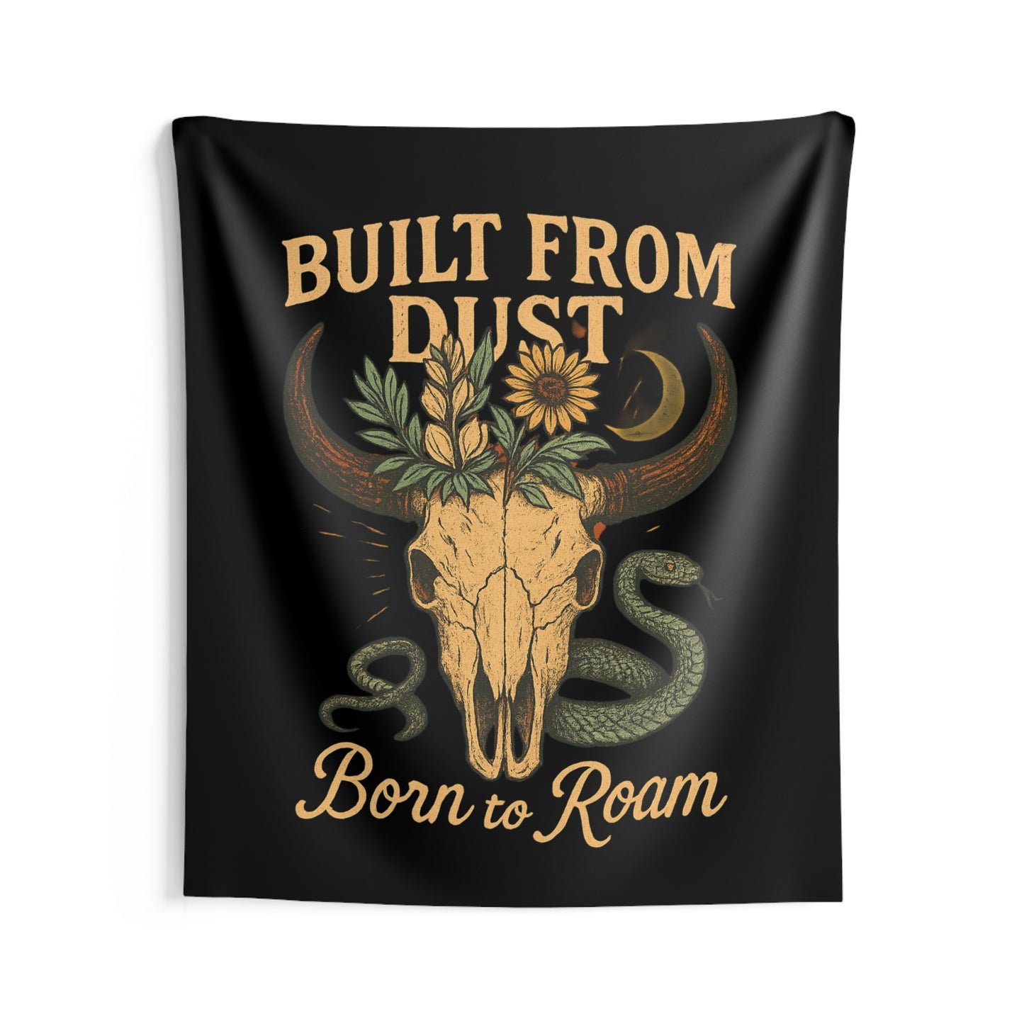 Cow Skull Sunflower Wall Tapestry — 'Born to Roam' Desert Snake Boho Decor
