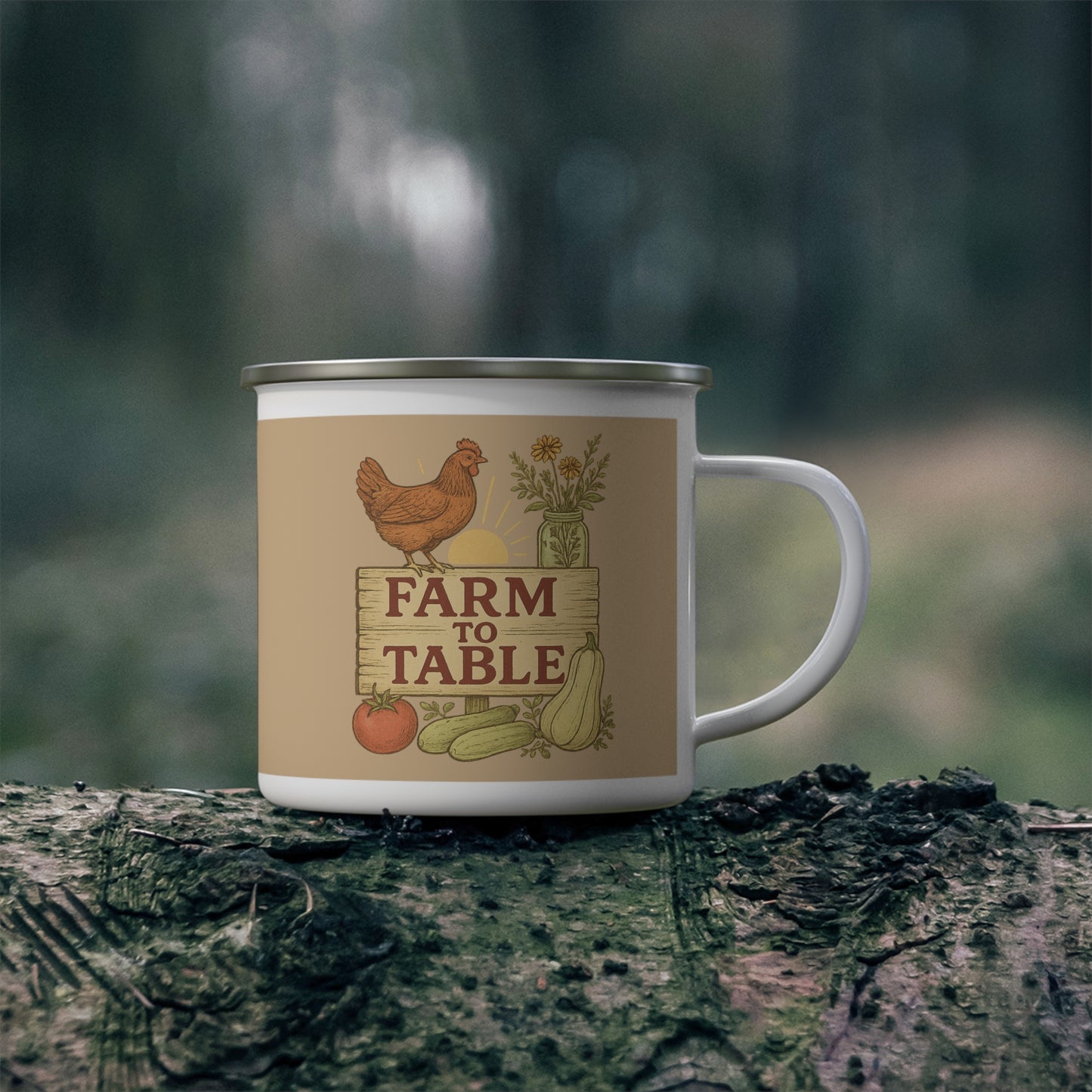 Farm to Table Enamel Camping Mug, Rustic Coffee Cup, Farmhouse Kitchen Decor, Gift for Nature Lovers, Outdoor Adventure Mug
