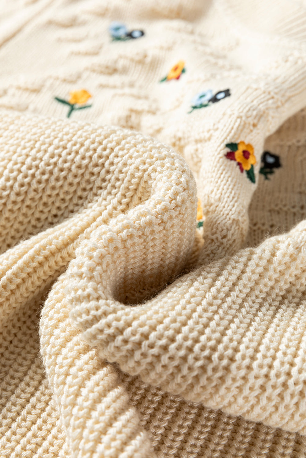 Floral Embroidered Textured Knit Sweater
