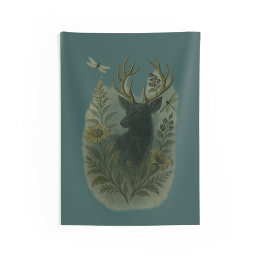 Enchanted Stag Botanical Tapestry – Teal Green Wall Hanging