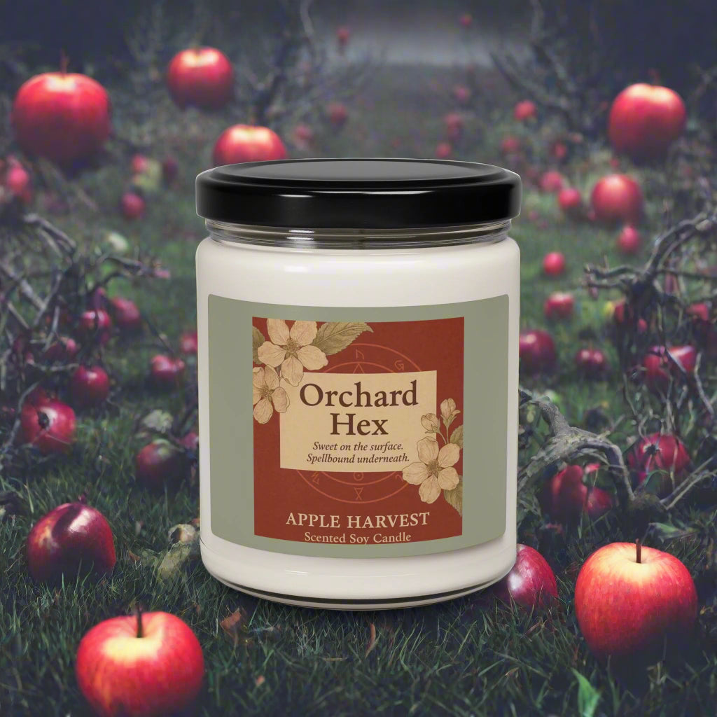 Scented Candle, Apple Harvest, Spellbound Soy Candle, 9oz - Sweet but spellbound, Deep red background with apple blossoms and a vintage