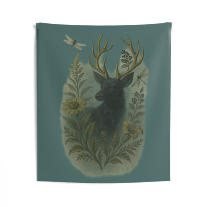 Enchanted Stag Botanical Tapestry – Teal Green Wall Hanging