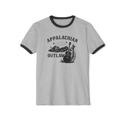 Appalachian Outlaw Ringer Tee ,Vintage Country Music Shirt, Retro Mountain Guitar Graphic, Gift for Him or Her