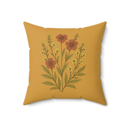 Wildflower Mustard Square Pillow for Home Decor, Floral Accent Cushion, Decorative Throw Pillow Set, Red and White Flowers, Spun Polyester