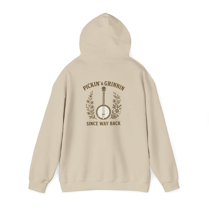 Vintage hoodie Sweatshirt with Pickin and Grinnin Banjo design on the back for bluegrass lovers