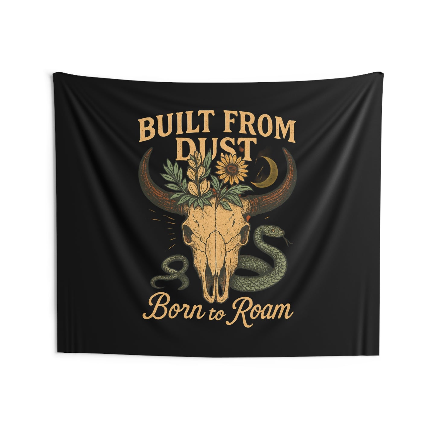 Cow Skull Sunflower Wall Tapestry — 'Born to Roam' Desert Snake Boho Decor