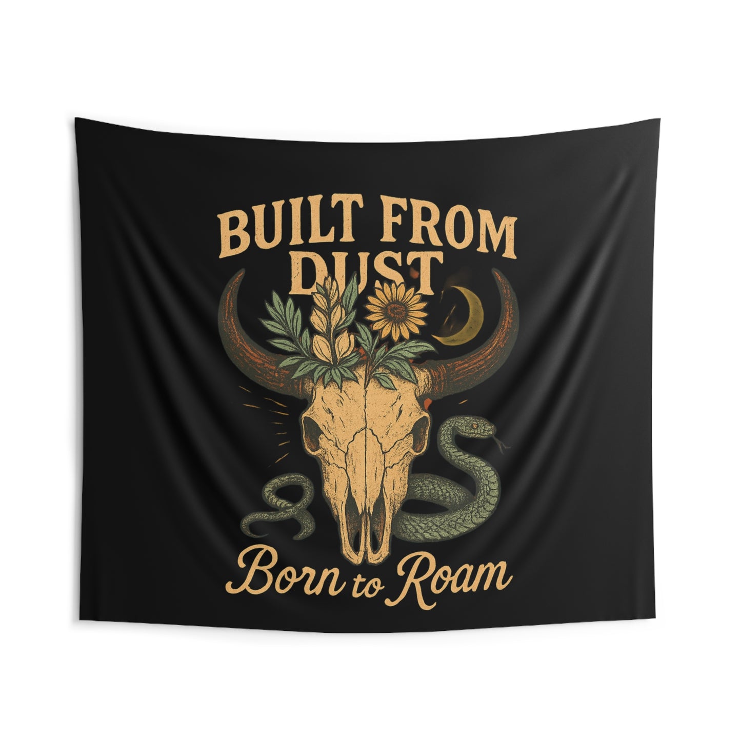 Cow Skull Sunflower Wall Tapestry — 'Born to Roam' Desert Snake Boho Decor
